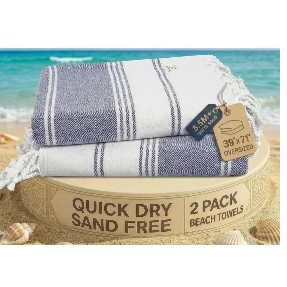 Lane Linen Turkish Beach Towels 2 Pack 39x71 Blue New Sand Free Quick Dry Fringe